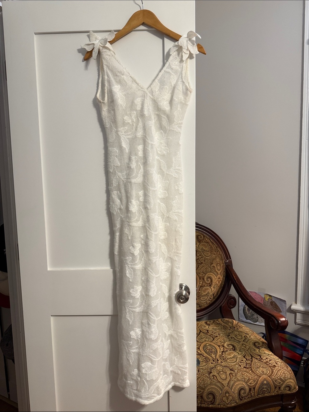 Meshki Ivory Lace Maxi Dress with Bow Shoulder Straps
